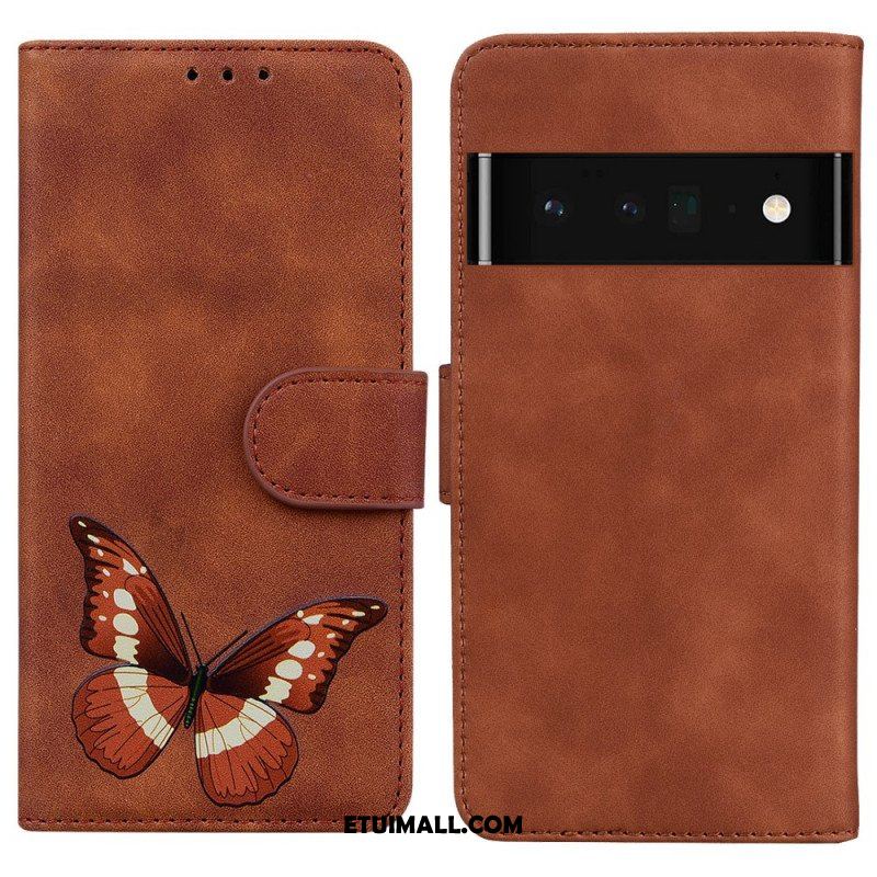 Etui Folio do Google Pixel 6 Pro Motyl Dotykający Skóry