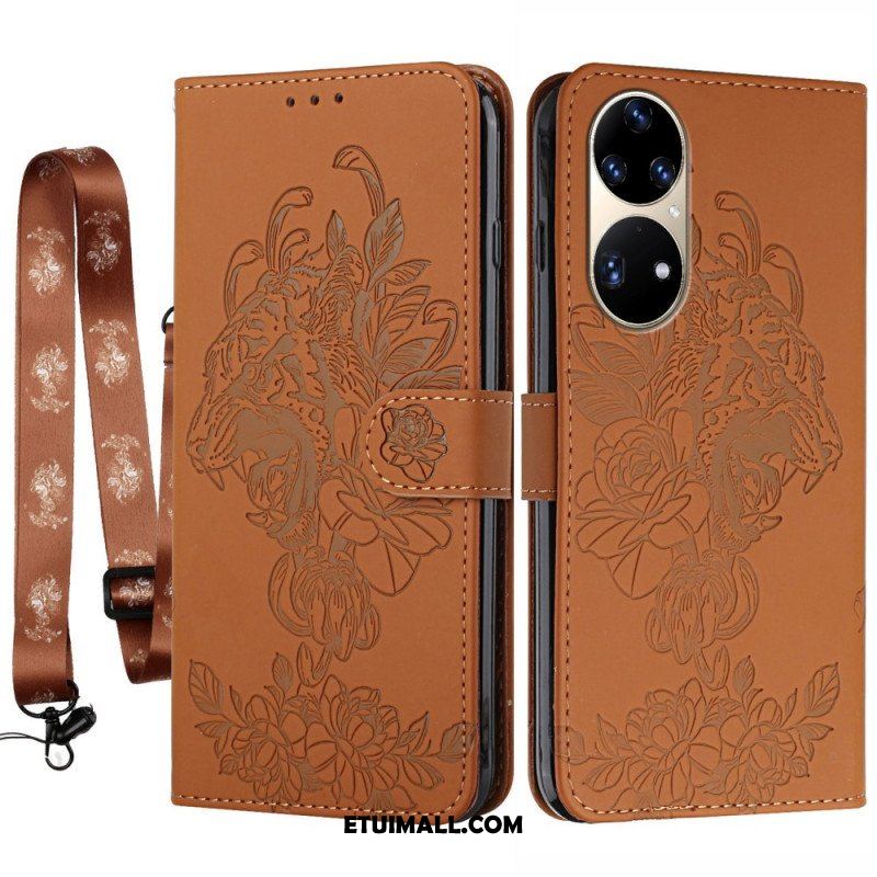 Etui Folio do Huawei P50 Pro z Łańcuch Barokowy Tygrys Z Paskami