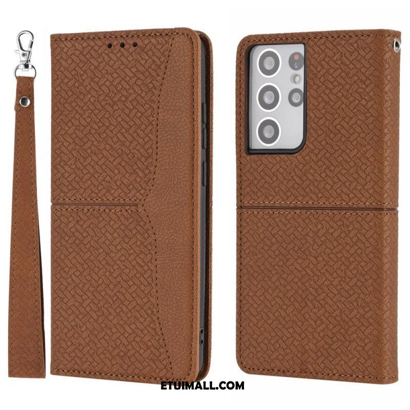 Etui Folio do Samsung Galaxy S21 Ultra 5G z Łańcuch Styl Tkanej Skóry Z Paskami