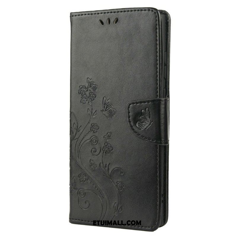 Etui Folio do Samsung Galaxy S22 Ultra 5G Motyle I Kwiaty Z Smyczem