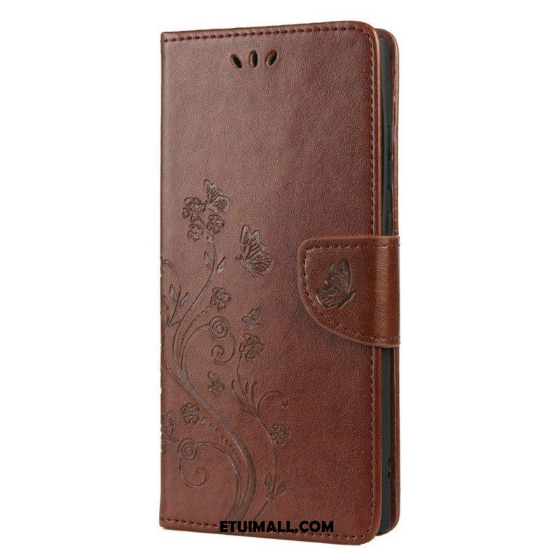 Etui Folio do Samsung Galaxy S22 Ultra 5G Motyle I Kwiaty Z Smyczem