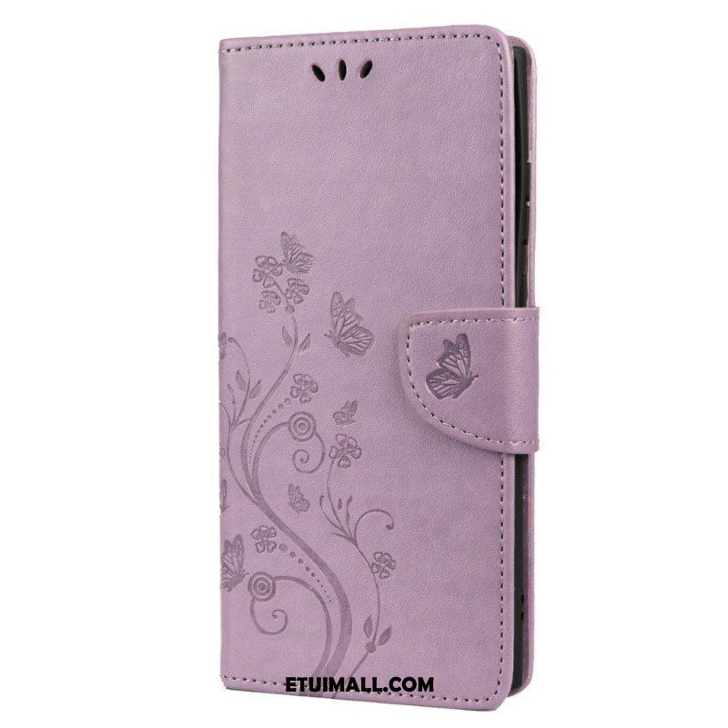 Etui Folio do Samsung Galaxy S22 Ultra 5G Motyle I Kwiaty Z Smyczem