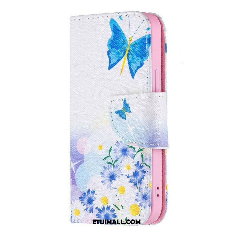 Etui Folio do iPhone 13 Mini Malowane Motyle I Kwiaty