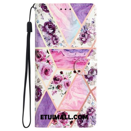 Etui Folio Do Samsung Galaxy S24 5g Marmurowe Fioletowe Kwiaty Z Paskiem