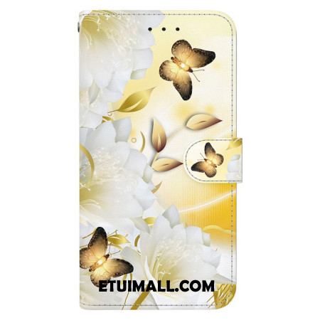 Etui Folio Do Samsung Galaxy S24 Plus 5g Złote Motyle I Kwiaty Z Paskiem