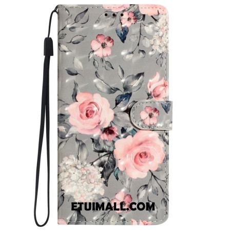 Etui Folio Do iPhone 16 Pro Różowe Kwiaty Na Szarym Tle Z Paskiem