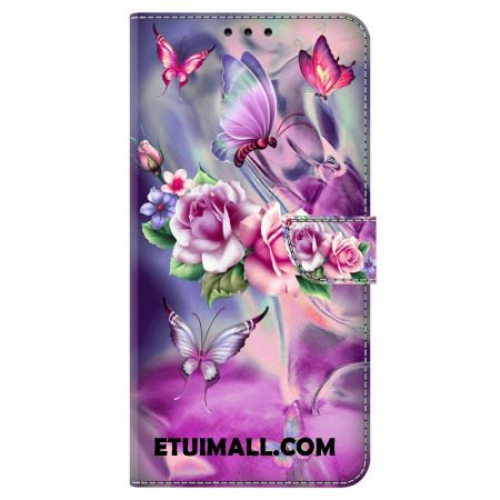 Etui Folio Oppo A98 5g Motyle I Fioletowe Kwiaty Etui Ochronne