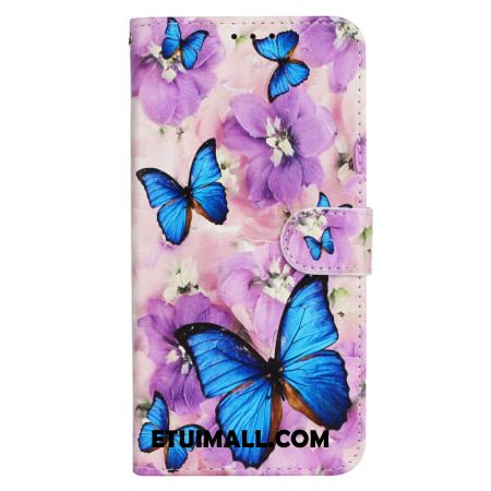 Etui Folio iPhone 16 Plus Motyle I Fioletowe Kwiaty Z Paskiem Etui Ochronne